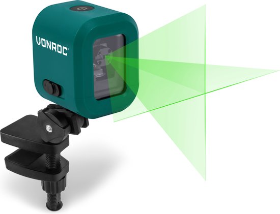 VONROC kruislijnlaser– Groen – 4V accu– 1800mah - Zelfnivellerend – 18 meter bereik – Incl. bevestigingsbeugel, USB-C kabel & opbergtas
