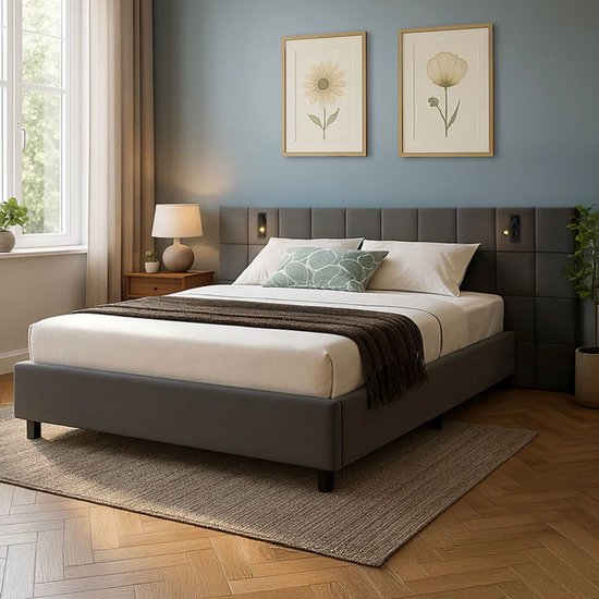Juskys – Polsterbed Luzano – 140 x 200 cm – Voorzien Van LED-Leeslampjes En Gecapitonneerd Hoofdbord – Voor Slaapkamer En Logeerkamer – Donkergrijs Fluweel