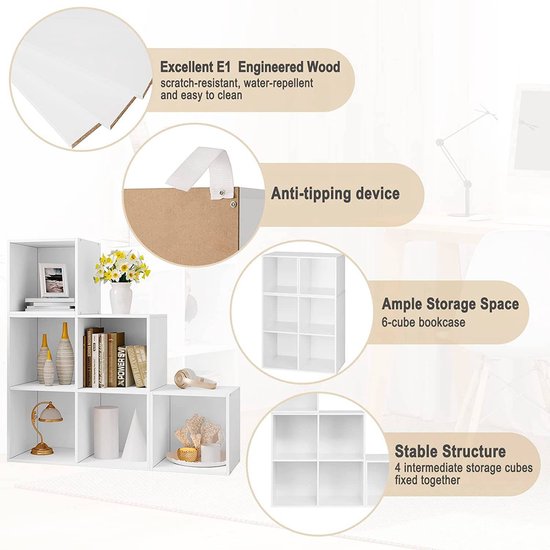 Woltu 6-vaks boekenrek – 90 x 90 x 30 cm – wit MDF – modulair en stijlvol