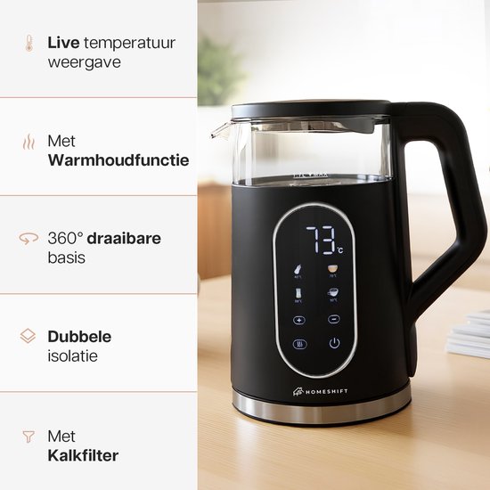 HomeShift® Waterkoker met Temperatuurregeling - Warmhoudfunctie - Dubbelwandig - Elektrisch - 1,7 Liter - 2200W - Zwart