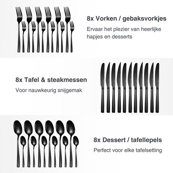 Deleca 8 Persoons Bestekset Essential (48-delig) - Lepels, Messen, Vorken, Steakmessen & Gebaksvorkjes - Vaatwasserbestendig Bestek - Glanzend Zwart / Edelstaal