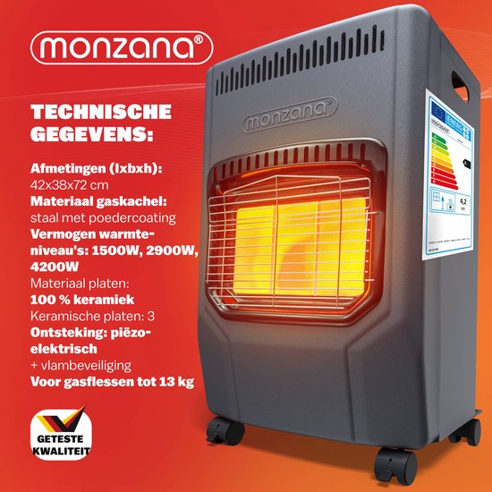 MONZANA Mobiele Gaskachel – 3 Warmteniveaus 4500W – Keramisch Zwart