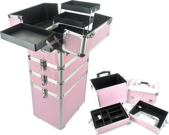 VDD Visagie make up koffer trolley - cosmetica schminken nagel koffer - 4 in 1 - Roze