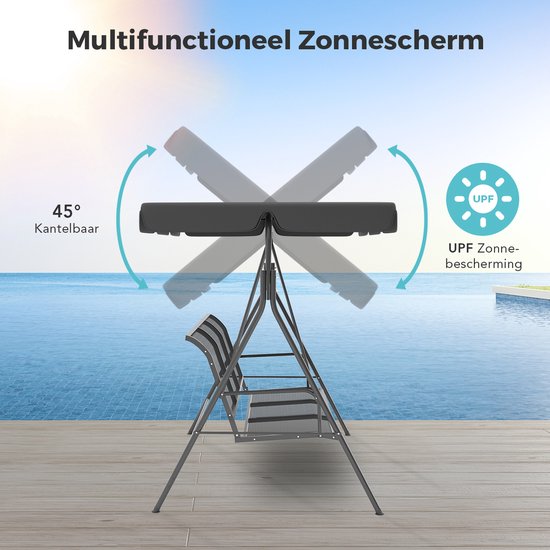 LifeGoods Schommelbank - 3-zits - tot 250KG - Kantelbaar Dak - UV-bestendig Zonnescherm - 172x104x162cm - Grijs