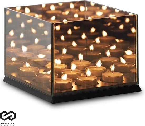 Infinity Goods Waxinelichthouder - Theelichthouder - 9 Waxinelichtjes - Reflecterend Spiegel Glas - Kaarsenhouder - Zwart