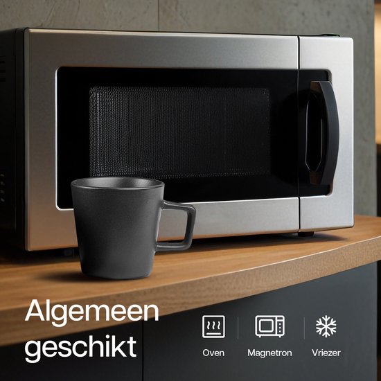 Deleca Koffiekopjes Set van 6 - Koffiemokken met Oor - Koffie Kopjes / Mok - Massief Aardewerk - Mat Zwart / 360 ml