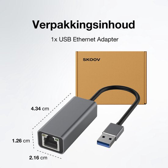Skoov Ethernet Adapter USB A kabel - USB A naar Ethernet - Internet - Netwerk adapter - 1000 Mbps - Gigabit