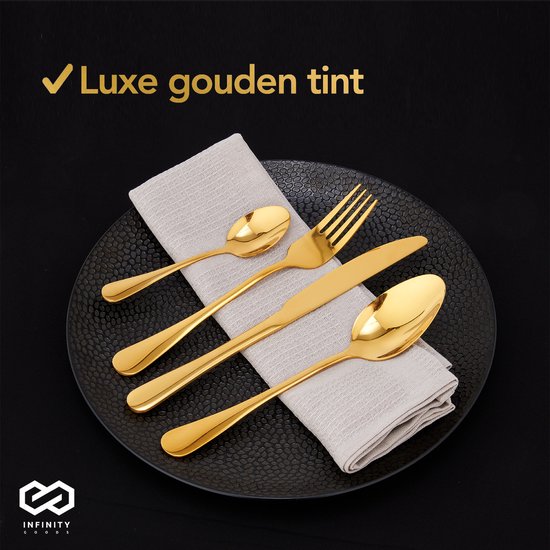 Infinity Goods Bestekset - Goud - 39-Delig - 6 Persoons Bestek - Meerdere Gangen - Mes/Lepel/Vork - RVS - Goud
