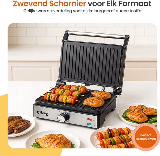Goliving Tosti Apparaat XL - Contactgrill - Tosti Ijzer - 29 x 23 cm - Panini Grill - Compact - Instelbare temperatuur - Zwart