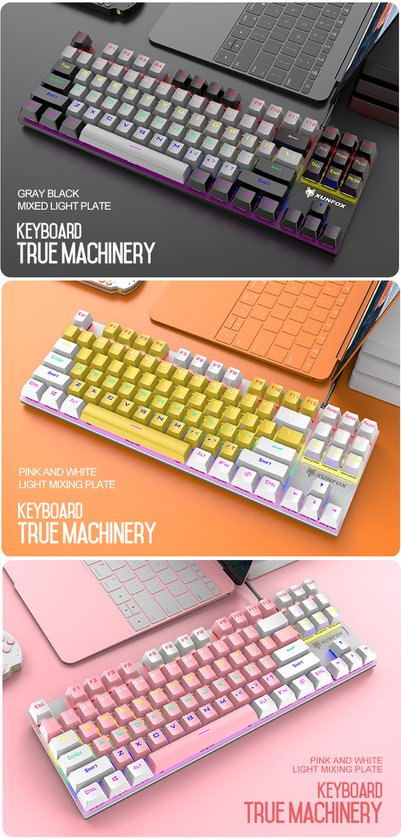 XUNFOX K80 RGB mechanisch 87keys TKL gaming toetsenbord - Blue Switch - Mechanical Keyboard - QWERTY - Anti-ghosting - Zwart/Grijs