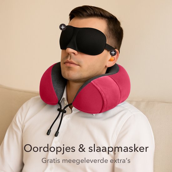 SC Travel Essentials - Nekkussen Set 3-delig - Ergonomisch Memory Foam Reiskussen met Oogmasker en Oordoppen - Ideaal voor Vliegtuig, Auto en Trein - Compact en Luxe - Rood