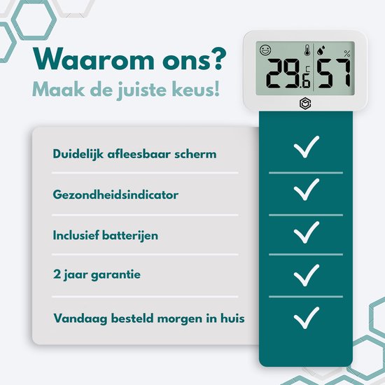 Ease Electronicz Hygrometer & Thermometer - Weerstation - Luchtvochtigheidsmeter - Thermometer Voor Binnen - Incl. Batterij en Plakstrip