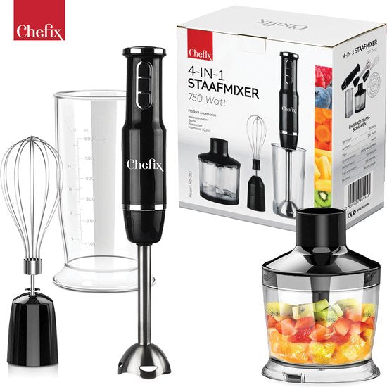 Chefix Staafmixer Set 4-in-1 – Staafmixers – Hakmolen Garde Klopper Maatbeker – 750 W – Zwart
