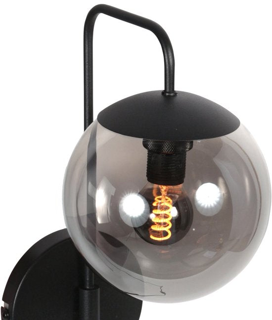 Wandlamp Bollique 4609ZW zwarte metalen wandlamp met smoke glas, E14 fitting, trendy stijl - Steinhauer