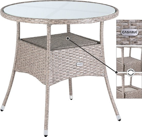 Casaria Polyrattan Bijzettafel 80cm Rond - 5mm Veiligheidsglas – Beige
