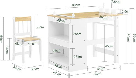 SoBuy KMB60-WN Kindertafel met Stoel, 2-delige set, tafel en stoel voor kinderen, bureau met 2 planken, papierhouders en opbergvakken, wit/Natuurel, 80 x 50 x 66 cm