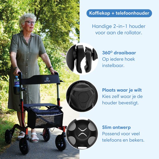 Safe Life® universele Bekerhouder & Telefoonhouder – voor Rollator, Rolstoel, Kinderwagen & Meer