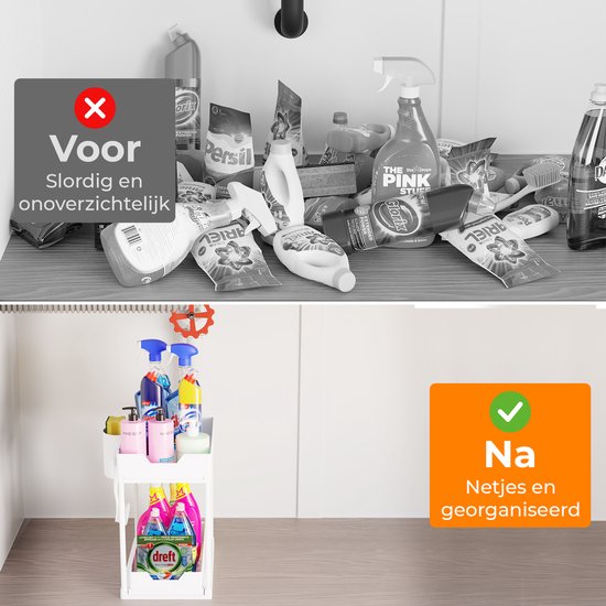 Posity Gootsteenkast Organizer - Keukenkastje Organizer - Schuiflade - Kast Organizer - Badkamer Organizer - Aanrecht Organiser - 2 Uitschuifbare Lades - Wit