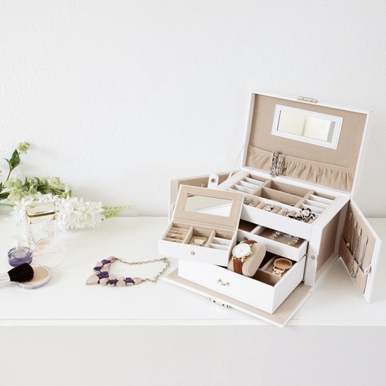 LifeGoods Sieradendoos XL - Juwelendoos - 20 Vakken - Wit/Beige