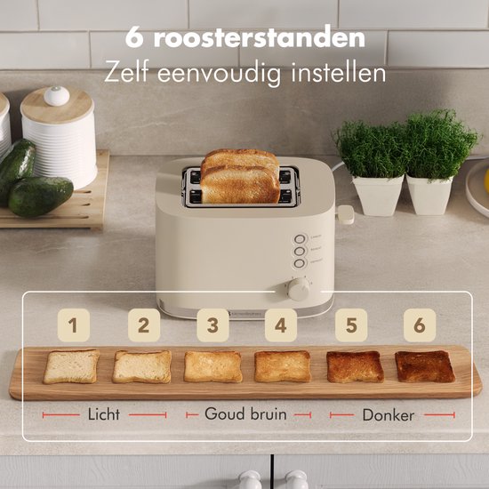 KitchenBrothers Broodrooster – 6 Warmtestanden – 870 W – 14 x 3,6 cm – Beige