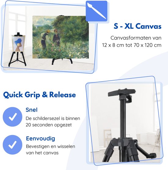Hilvard - Schildersezel voor Volwassenen - Tafelezel - Veldezel - Verstelbaar - Quick Grip & Release Beugel - Zwart - Geschikt voor Schildersdoeken - Atelierezel - Incl. Opbergtas - 54 cm tot 156 cm