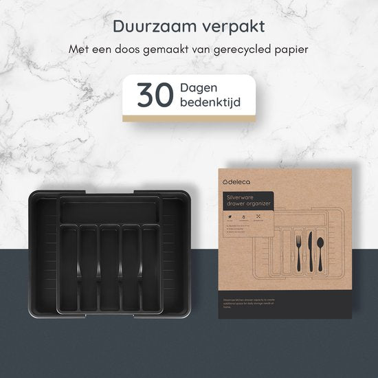 Deleca Uitschuifbaar Bestekbak met 8 Vakken - Besteklade Organizer - Keukenlade Bestek Organiser - Bestekhouder Keuken - 57 x 38 cm - Kunststof / Zwart