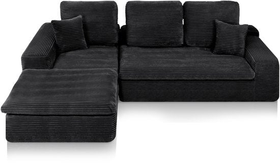Popsofa Lazy Hoekbank - Velvet Ribstof - 98 x 253 x 80 cm - Zwart