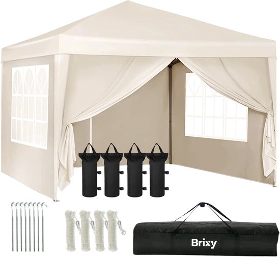 Brixy Partytent - Paviljoen - Easy Up - Opvouwbaar - Met Zijwanden - Waterdicht - Met Draagtas - 300 x 300 cm – Crème