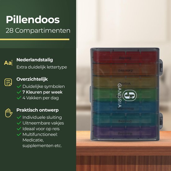 Gandria Pillendoos 7 Dagen - Uitneembaar Pillendoosje - Medicijndoos met 28 Compartimenten - Medicijndoos met Stevige Sluiting - 4 Vakken per Dag - 7 Kleuren
