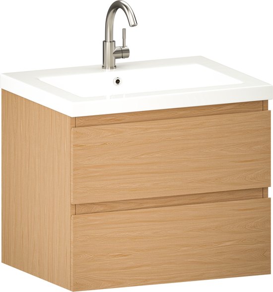 Mirlux Badkamermeubel Licht Eiken 60 cm - Wastafel Wit - Badmeubel set - Licht Eiken