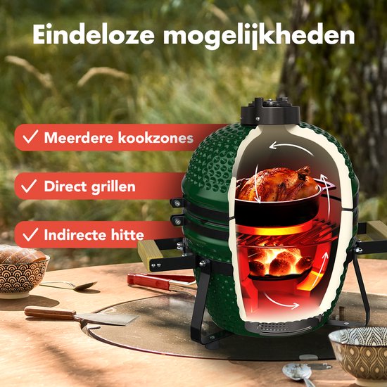 KitchenBrothers Kamado BBQ - 13 Inch Houtskool Barbecue - 27⌀ cm - PFAS-vrij - Deluxe Set - Egg BBQ met Accessoires inclusief Hoes - Groen