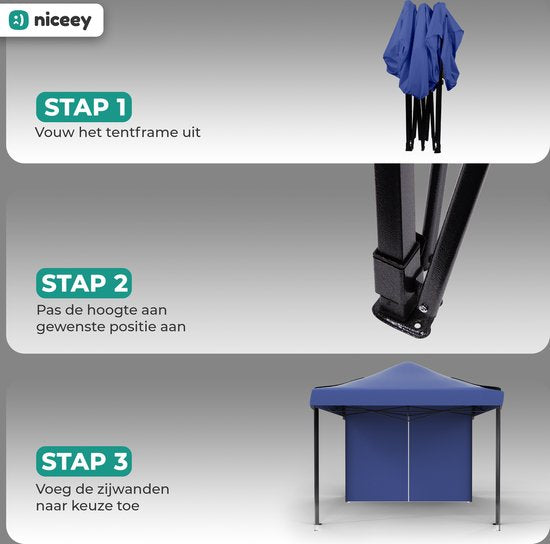 Niceey Partytent - EasyUp - Opvouwbaar - Waterdicht - Met Draagtas met wielen - 300 x 300 cm - Donkerblauw