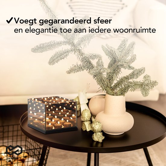 Infinity Goods Waxinelichthouder - Theelichthouder - 9 Waxinelichtjes - Reflecterend Spiegel Glas - Kaarsenhouder - Zwart