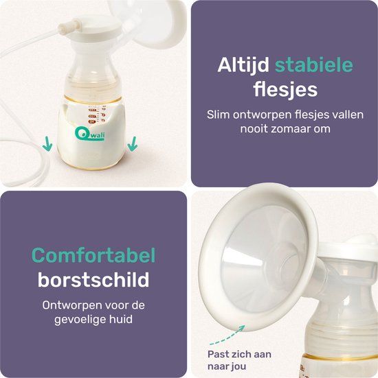 Qwali comfort flow Elektrische draadloze Borstkolf - BPA vrij - incl. 2 Melkflesjes -