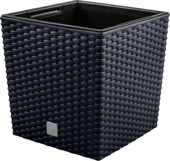 Prosperplast Bloempot/plantenpot Rato - rotan look - met binnenpot - antraciet - 32 x 32 x 33 cm - kunststof