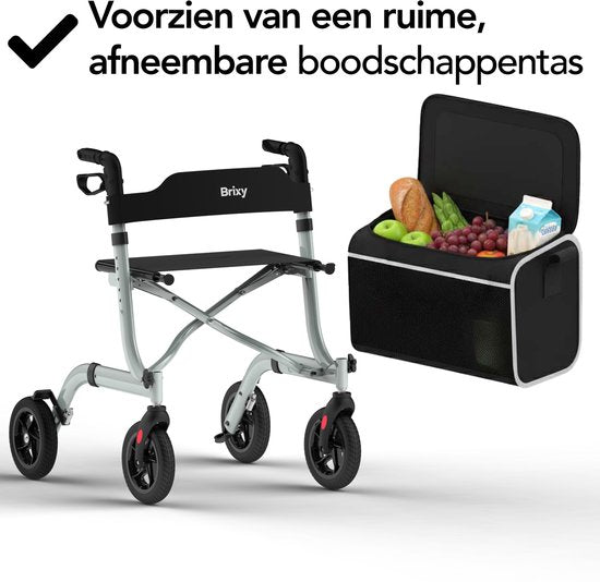 Brixy Rollator - Lichtgewicht En Opvouwbaar - Zitfunctie - Rugleuning, Tas En Wandelstokhouder - Grijs