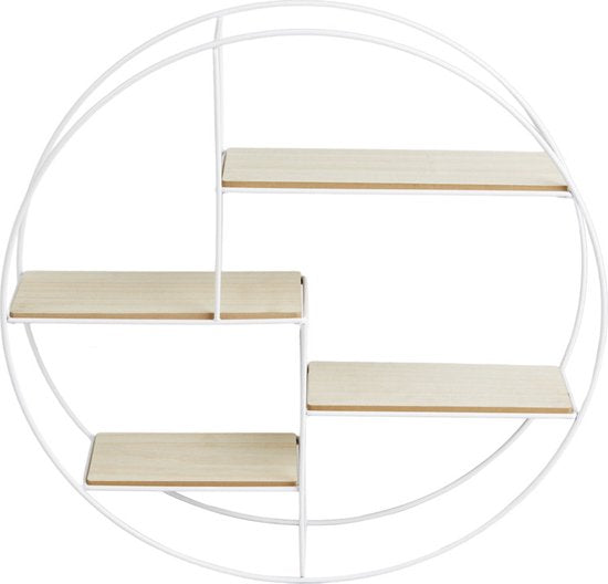 LIFA LIVING Wandrek Ronda - Wandplank Industrieel - Metaal en MDF Hout - 4 Planken - Rond Kruidenrek - Wit - Voor Keuken, Slaapkamer, Woonkamer - 55 x 11 x 55 cm