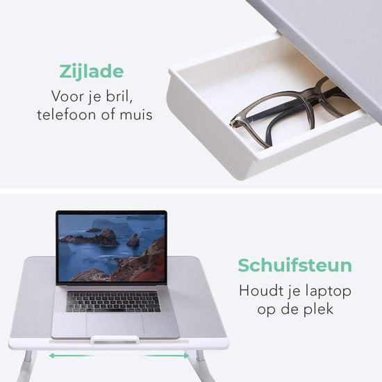 LifeGoods Laptoptafel - Laptopstandaard - Inklapbaar en Verstelbaar - Schoottafel met Tablethouder en Boekenstandaard - Bank, Bed, Schoot, Tafel - Wit / Grijs