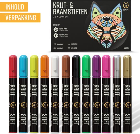 NAPI 12 Raamstiften - Afwasbaar - Krijtstiften voor Krijtbord & Raam - Omkeerbare Punt 3-6mm - Whiteboard Stiften - Whiteboardmarkers - Krijtstift Markers - Glasstiften - Krijtmarker - Porselein - Glas - 12 Kleuren