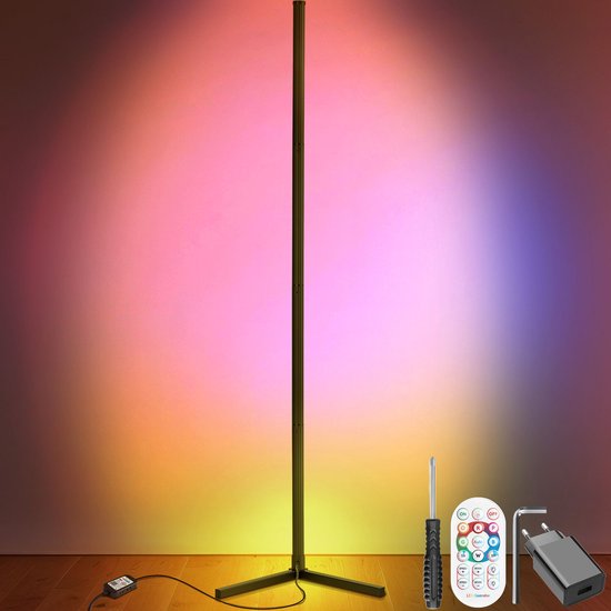 tectake® Slimme LED Vloerlamp Spectra - Hoeklamp met 16 miljoen Kleuren - 200 Lichteffecten - Staande Smart Lamp - 145 cm - Dimbaar - Bediening met App, Afstandsbediening, Knop en Spraak - Woonkamer Vloer Lamp - Sfeerverlichting