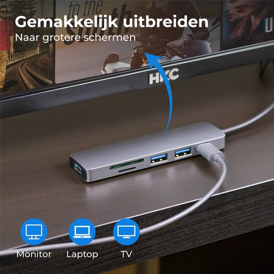 Nuvance - USB C Hub 3.0 - 5 Poorten - USB Splitter - USB C Dock - Micro SD Cardlezer USB C - Grijs