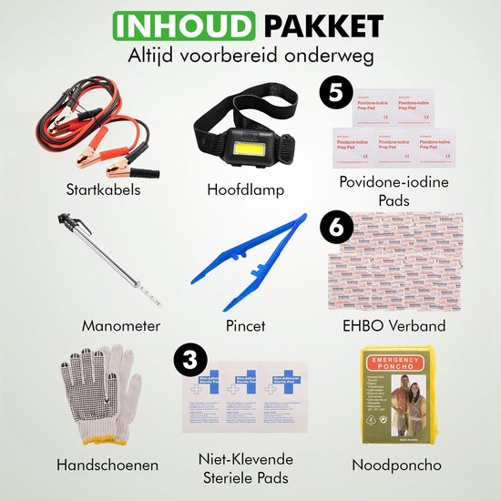 Travelhawk Noodpakket Auto - Noodpakket Autopech - Incl. Startkabels, hoofdlamp - 10 Delig - Zwart