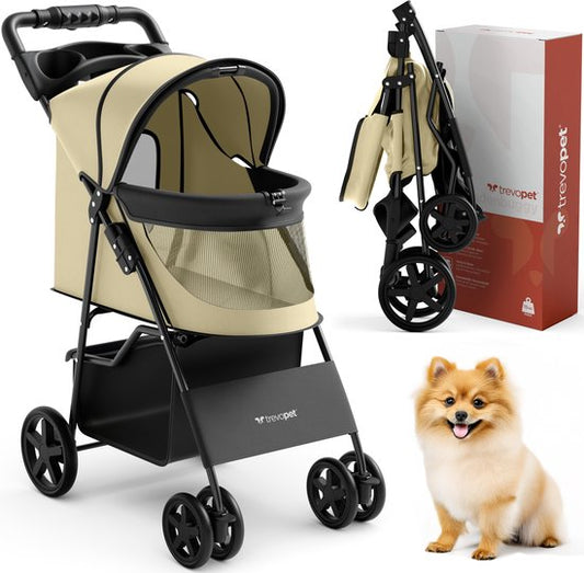 TrevoPet® Inklapbare Hondenbuggy - Voor Kleine en Middelgrote Honden tot 15 kg - Wandelwagen met Bekerhouder & Grote Opbergmand - Beige