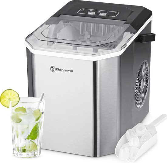 Kitchenwell IJsblokjesmachine - 1.3L - IJsblokjesmaker - IJsschep – 12kg/24 uur - Draagbaar - Zelfreinigingsfunctie - RVS