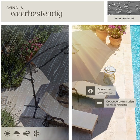 tectake® Zweefparasol met Voet - 3 x 3 m - Tuinparasol - Draaibaar - Waterafstotend Polyester met UV-Bescherming - Inclusief Hoes - Grijs