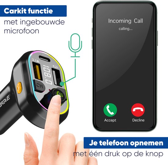 Serve Bluetooth Receiver Auto - FM Transmitter - 25W Supersnel Opladen - Carkit - Autolader USB-C Snellader