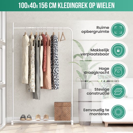 Avalo Kledingrek op Wieltjes Wit - Metaal - 100x40x156 - Opbergruimte Voor Schoenen