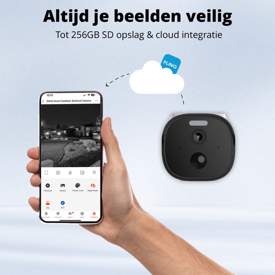 FlinQ Slimme Beveiligingscamera Sentinel - Oplaadbaar via USB & Zonne Energie - Buiten camera met zonnepaneel - Bewakingscamera voor buiten - 2K HD - Nachtzicht