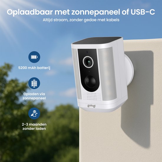 Gologi Solar Pro Beveiligingscamera voor buiten - 5200 mAh - Nightvision - Bewegingsdetectie - Bewakingscamera - Zonnepaneel - Draadloos - USB-C - WiFi en App - Wit