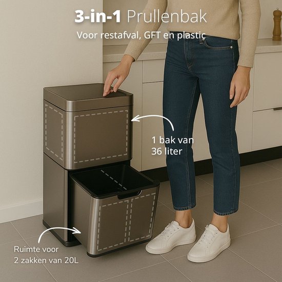 FlinQ Senzaro - 60L Prullenbak Afvalscheiding - Vuilnisbak - Afvalscheidingsprullenbak - Afvalemmer - Bewegingssensor - Stainless